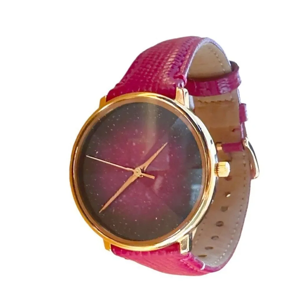 FOSSIL Prismatic Galaxy Three Hand Fuchsia Leather Band Raised Crystal Analog Wa - Picture 1 of 10